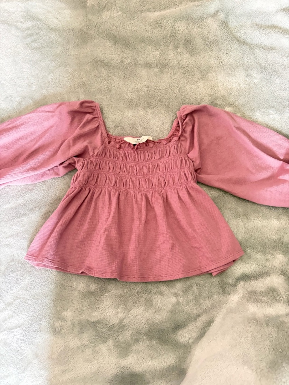 H&M Dusty Mauve Smocked Puff-Sleeve Top